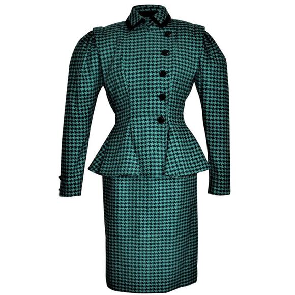 Victor Costa Herringbone Dress Suit Mid 20th Century Lined Velvet Green/Blk SM - Picture 2 of 7